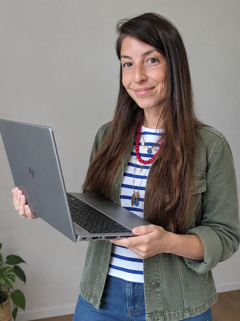 Dama sonriendo, con su laptop abierta en las manos