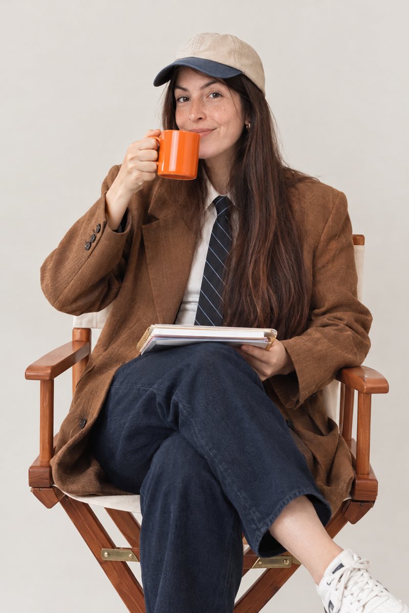 Dama sentada en una silla de madera, tomando de una taza naranja, con un cuaderno en la mano